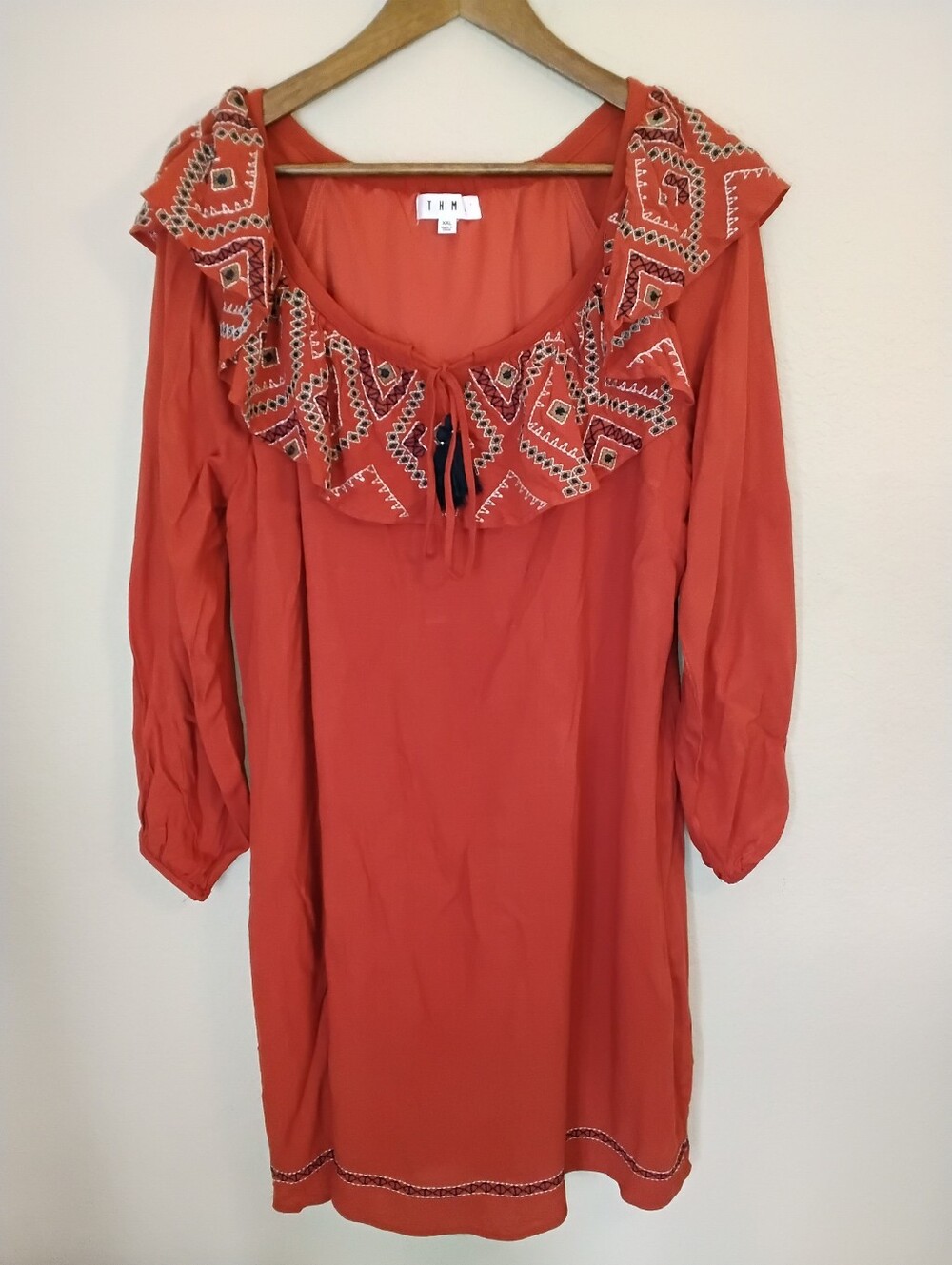 THML Dress Size XXL‎ Orange Aztec Boho Southwestern Embroidered Neckline